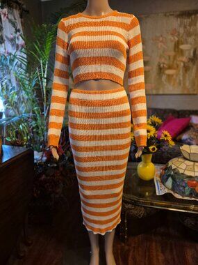 Women's Sweater and Skirt SET, Creamon. Small. orange/cream stripe.